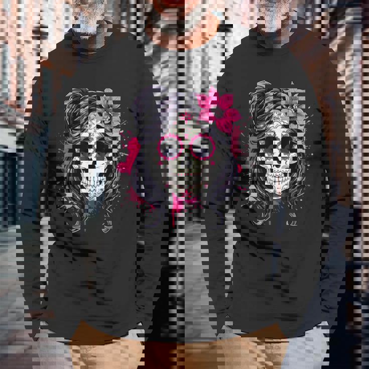 スタイリッシュなマゼンタ サクラ ムエルテ スカルデザイン Dia De Los Muertos 長袖Tシャツ 高齢者への贈り物