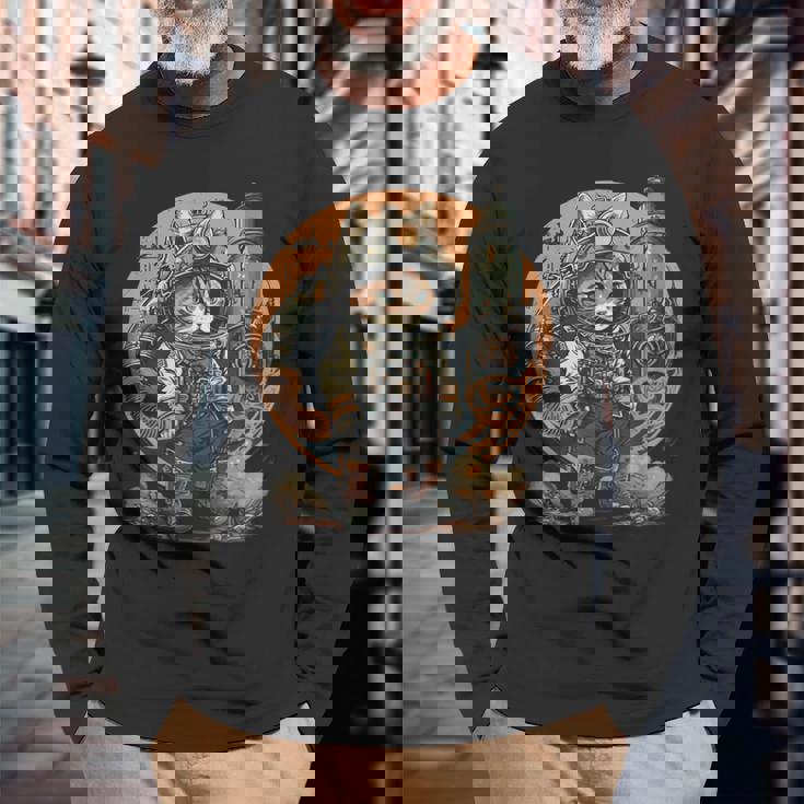 スチームパンク 猫 キティ 子猫 月 スペース スチームパンク 長袖Tシャツ 高齢者への贈り物