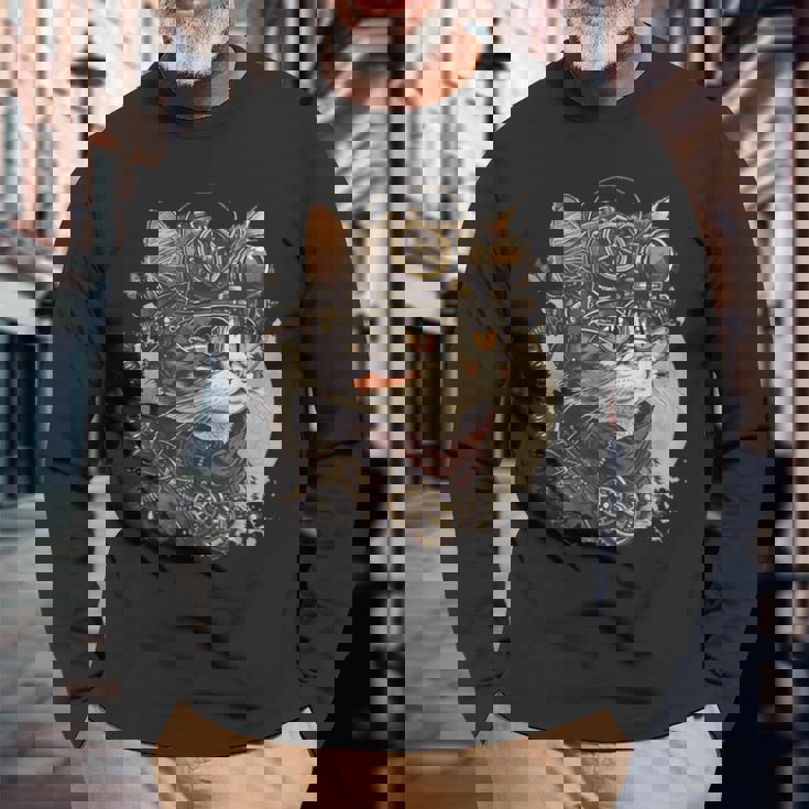 スチームパンク 猫 キティ 子猫 スチームパンク 長袖Tシャツ 高齢者への贈り物