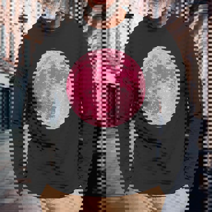 ストロベリームーンデザイン 満月 かわいいピンクムーン 長袖Tシャツ 高齢者への贈り物