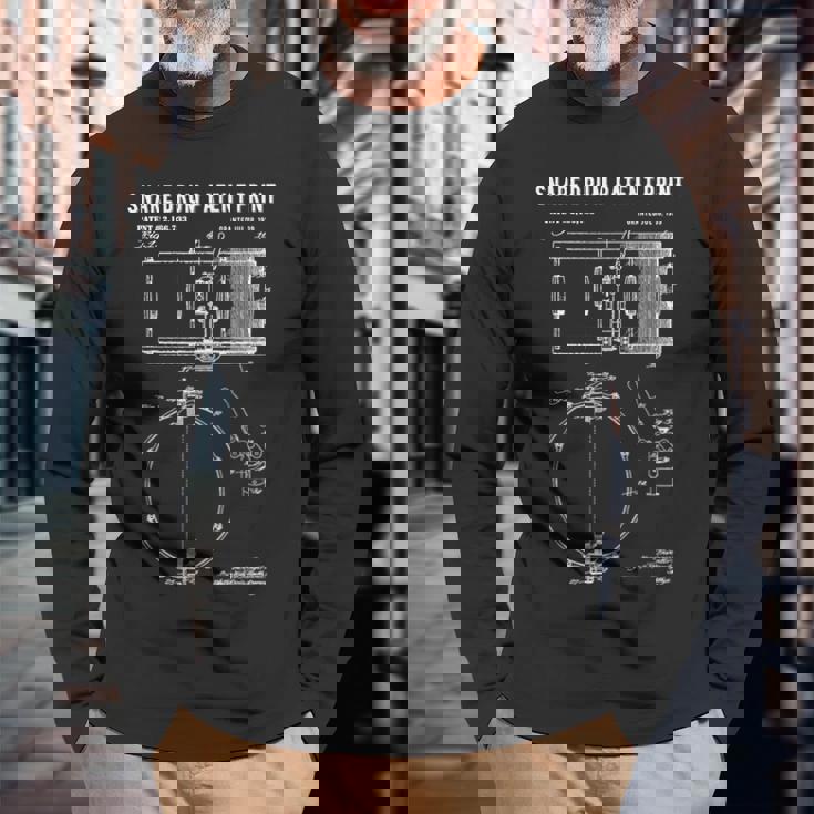 スネアドラム特許プリント 1939年 ビンテージ特許ミュージックアート 長袖Tシャツ 高齢者への贈り物