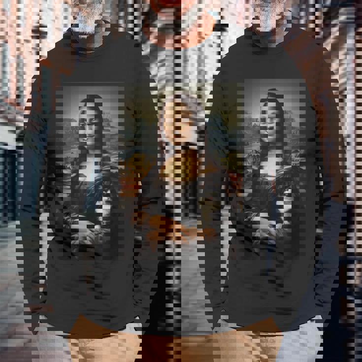 スノーシュー 猫 モナリザ 絵画 アート ママ お父さん 長袖Tシャツ 高齢者への贈り物