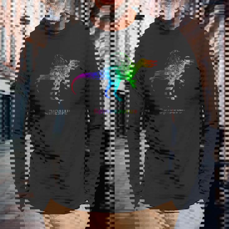 スピノサウルス 恐竜 レインボー スケルトン 長袖Tシャツ 高齢者への贈り物