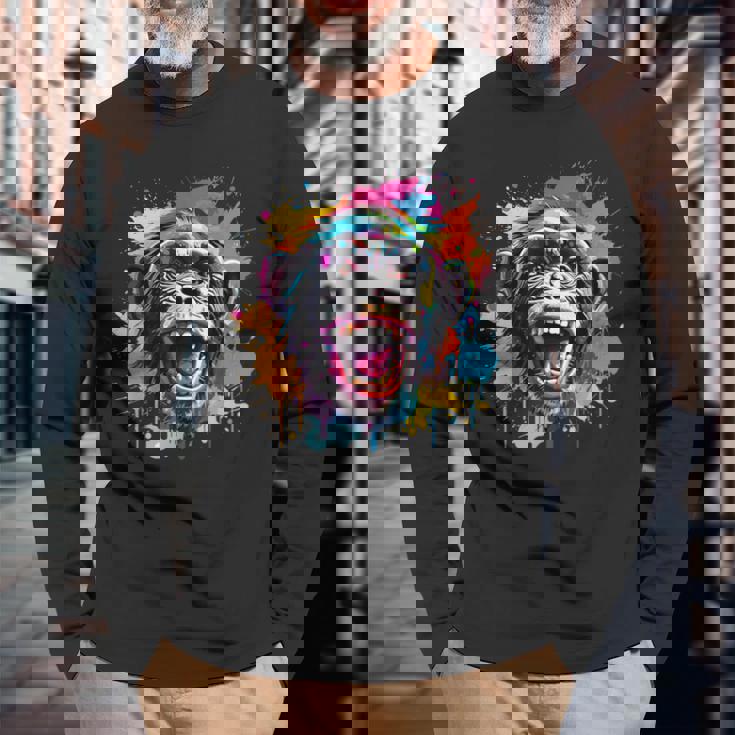 スプラッシュアート チンパンジー 野生動物 動物 好き カラフル 長袖Tシャツ 高齢者への贈り物