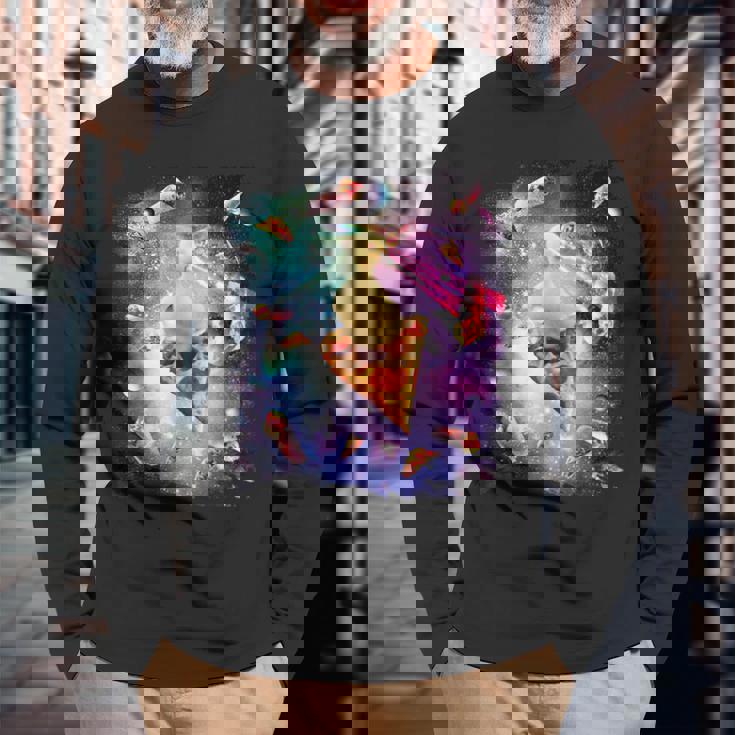 スペースレーザーアヒル食べるピザ、ギャラクシーダック。 長袖Tシャツ 高齢者への贈り物