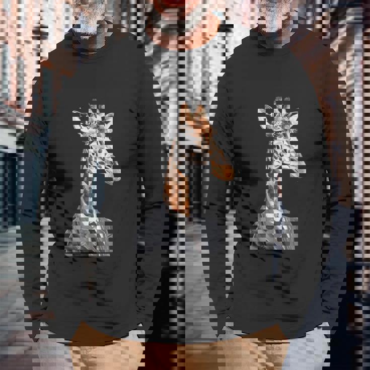 スーツ姿の面白いキリン 長袖Tシャツ 高齢者への贈り物