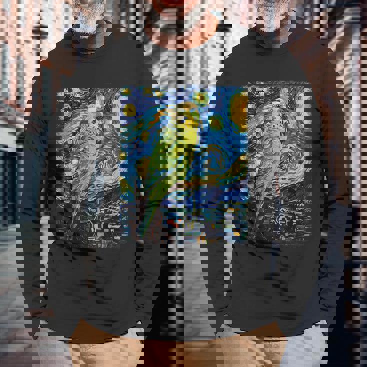 セキセイインコ オウム 鳥 星月夜 絵画 長袖Tシャツ 高齢者への贈り物