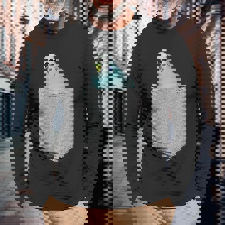 セキセイインコ ポケットから覗く 可愛いデザイン 長袖Tシャツ 高齢者への贈り物