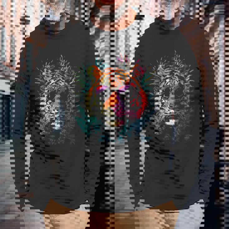 タイガーフェイス 動物好きモチーフ サングラス イラスト 虎 長袖Tシャツ 高齢者への贈り物