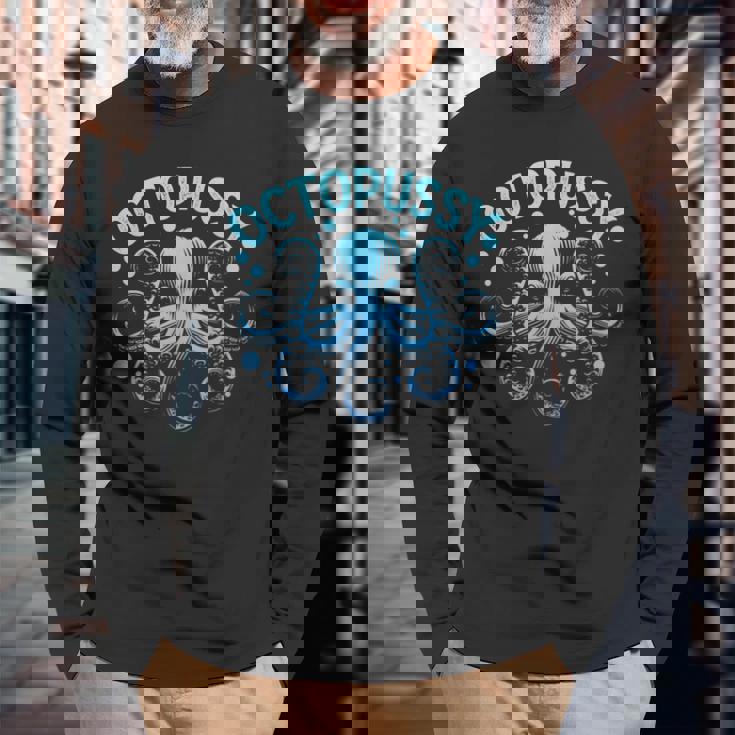 タコ猫 蛸 海 海 動物 駄じゃれ 長袖Tシャツ 高齢者への贈り物