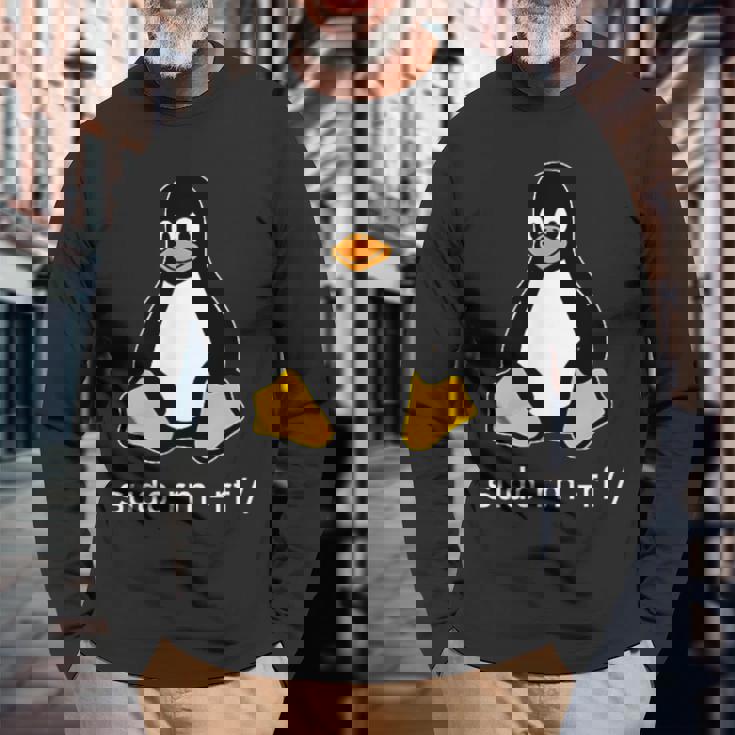 タックスlinuxペンギン-Sudorm-Rfコンピューターサイエンスコンピューター Tux Linux 長袖Tシャツ 高齢者への贈り物