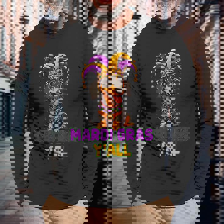 ダックスフンド 犬 マルディグラ Y'all 長袖Tシャツ 高齢者への贈り物