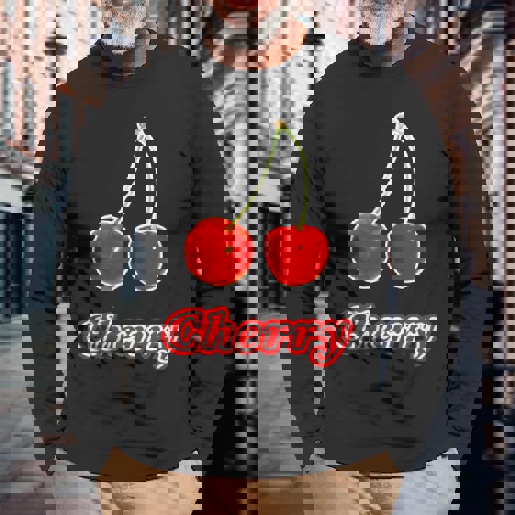 チェリー Cherry さくらんぼ 『フルーツ ポップ』果物 リアル レトロ 面白い イラスト 長袖Tシャツ 高齢者への贈り物
