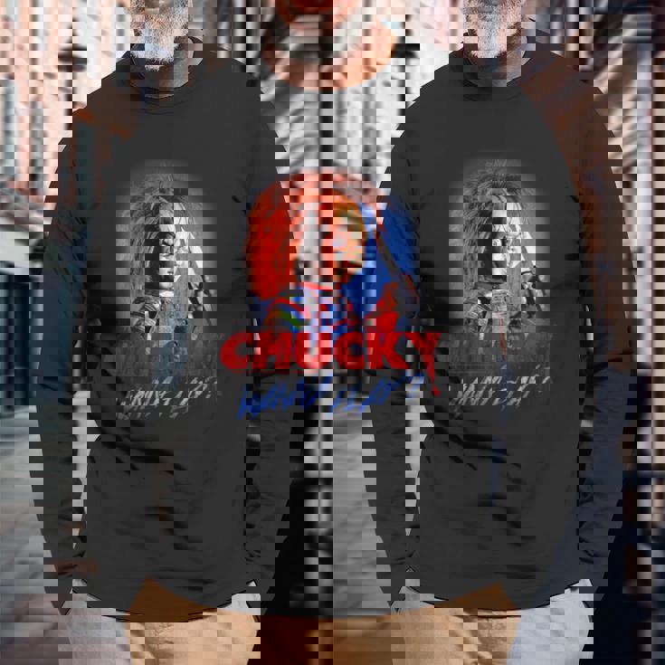 チャッキー・ワナ・プレイ・ブラッディ・ナイフ 長袖Tシャツ 高齢者への贈り物