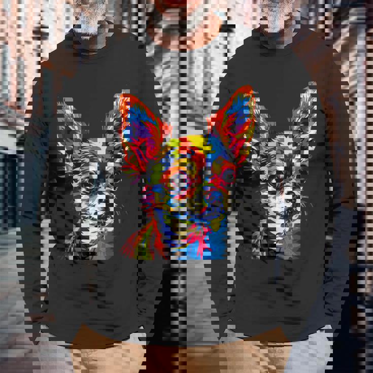 チワワ カラフル カラー ポップアート ラブ ちっちゃかわいいチワワ 長袖Tシャツ 高齢者への贈り物