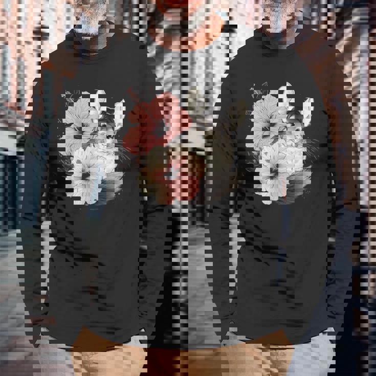 チンチラ ハイビスカス ブルーム ハーモニー フローラル チンチララバーズ 長袖Tシャツ 高齢者への贈り物