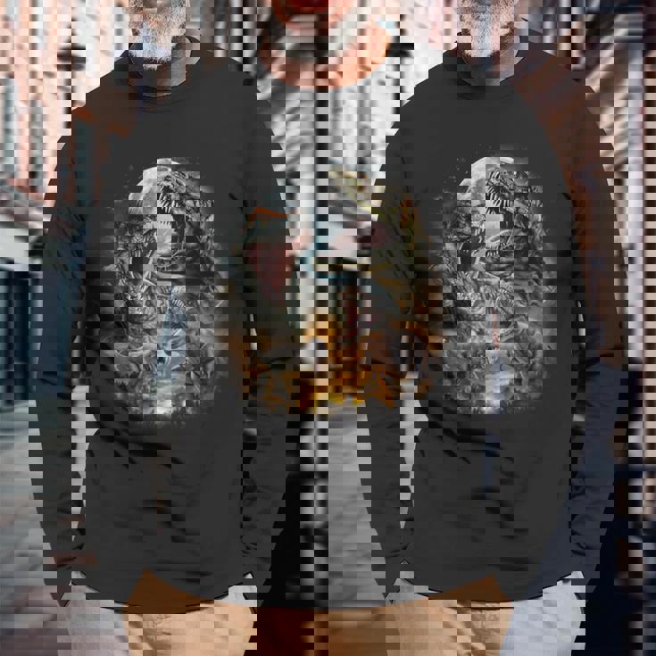 ティラノサウルス レックス 恐竜 先史時代の満月 長袖Tシャツ 高齢者への贈り物