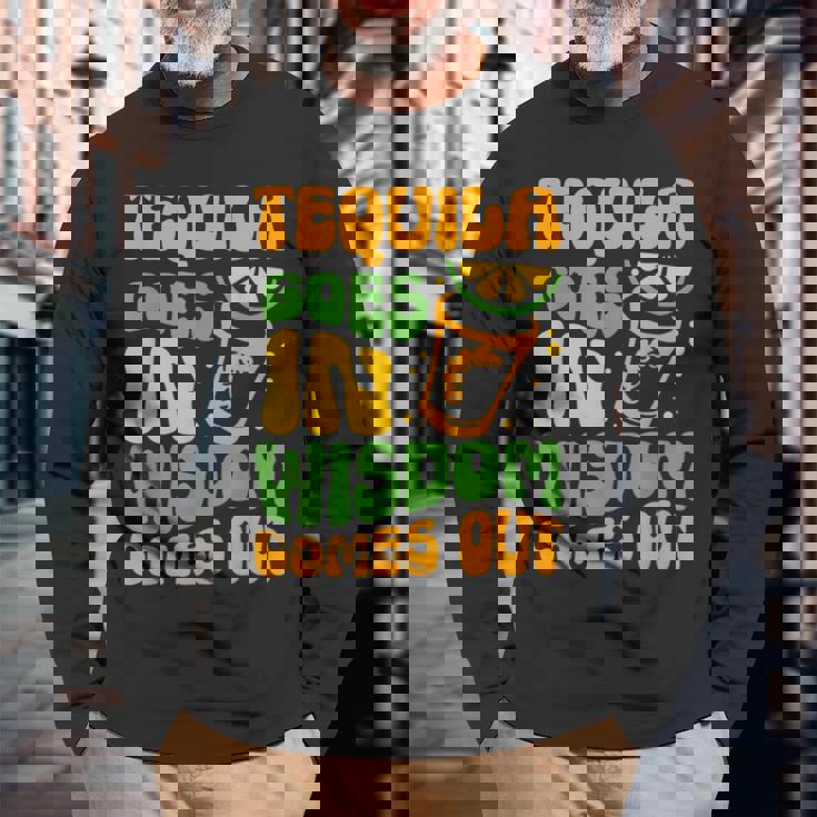 テキーラが知恵を生む 酒飲み ドリンク 飲酒 テキーラ 長袖Tシャツ 高齢者への贈り物