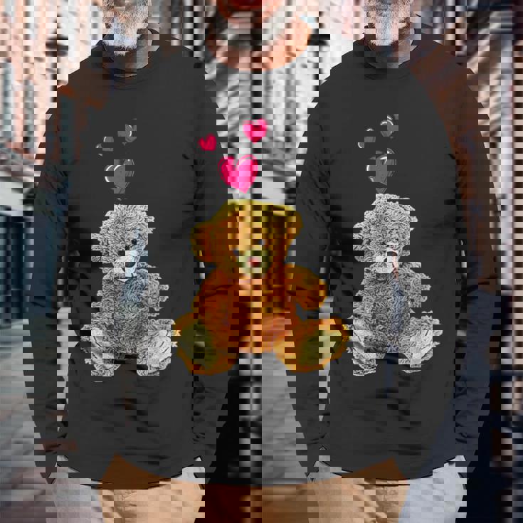 テディベアとハートのかわいいテディベアモチーフ 長袖Tシャツ 高齢者への贈り物