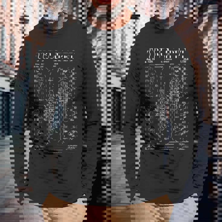 トランペットヴィンテージ特許トランペティスト図面プリント 長袖Tシャツ 高齢者への贈り物