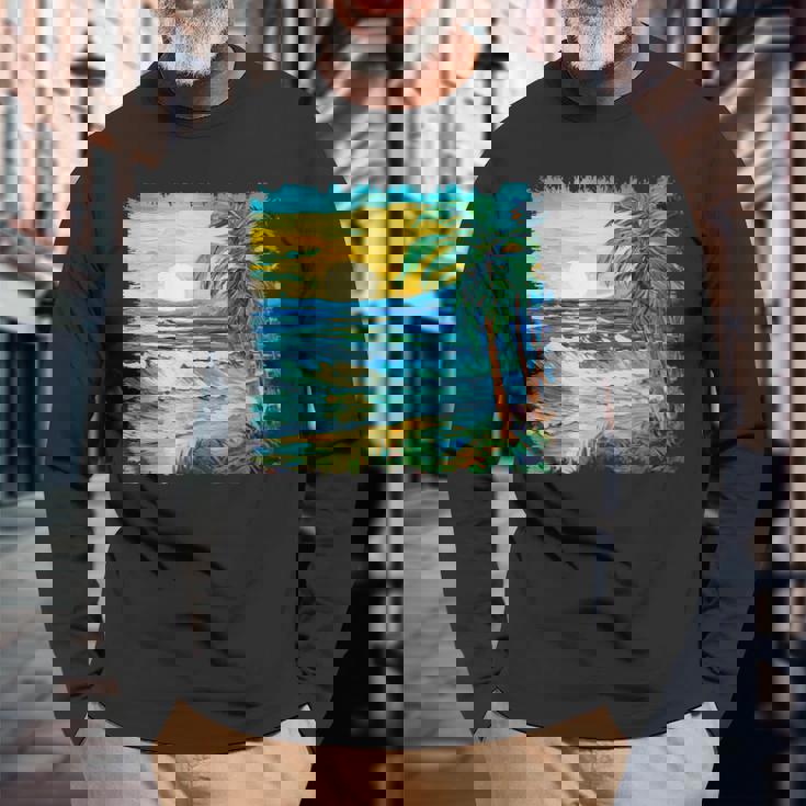 トロピカルビーチ 太陽 オーシャン ヤシの木 ゴッホスタイル アートデザイン 長袖Tシャツ 高齢者への贈り物