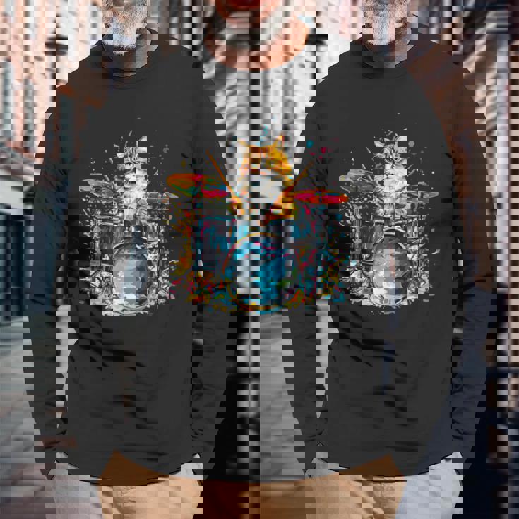 ドラマーの猫猫とドラム 長袖Tシャツ 高齢者への贈り物