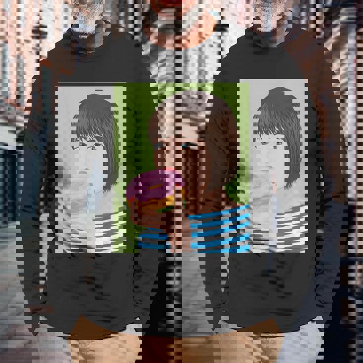 ドーナツショップ ポップアート ポートレート ロジックロックスター キュート ドーナツ ガールフレンド ドーナツ 長袖Tシャツ 高齢者への贈り物