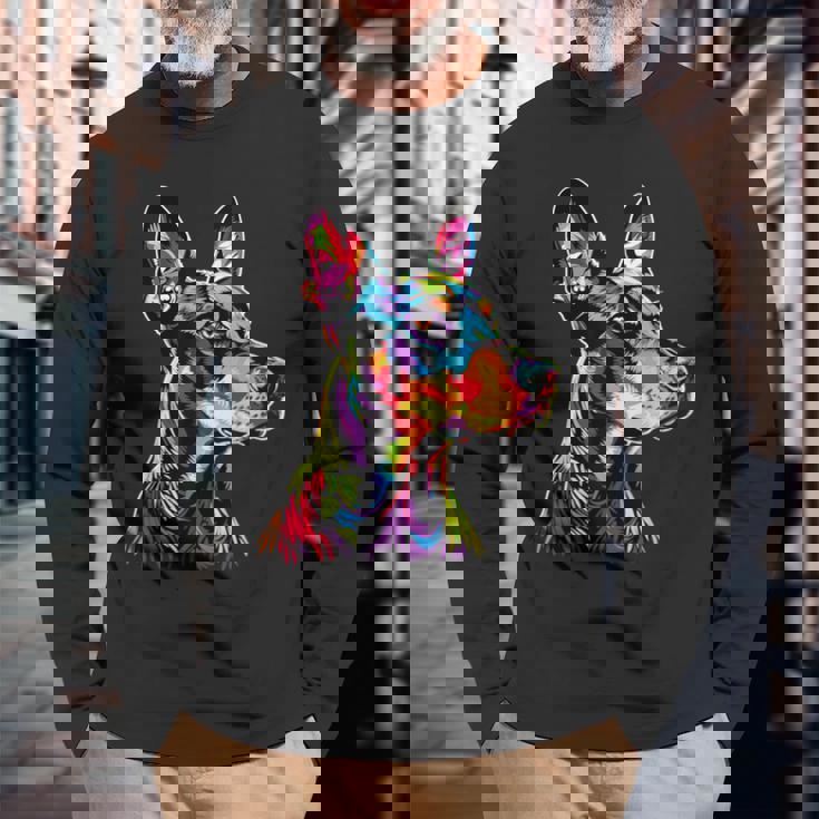 ドーベルマン ドッグ カラフル ポップアート 犬 誇り ドーベルマン 長袖Tシャツ 高齢者への贈り物