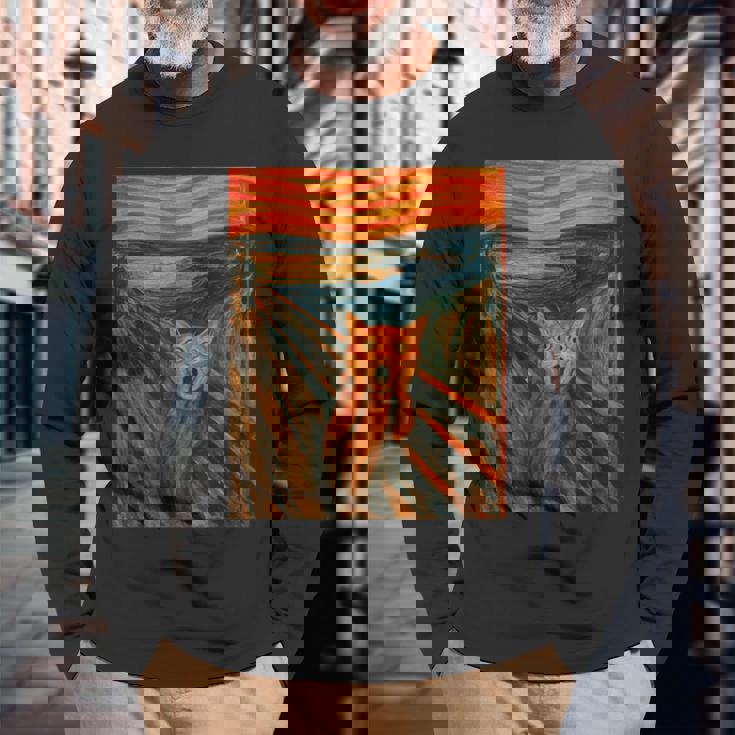 ニャンコの叫び 面白い 猫 ムンクの叫び パロディ おもしろ 服 おもしろグッズ ネタ 長袖Tシャツ 高齢者への贈り物