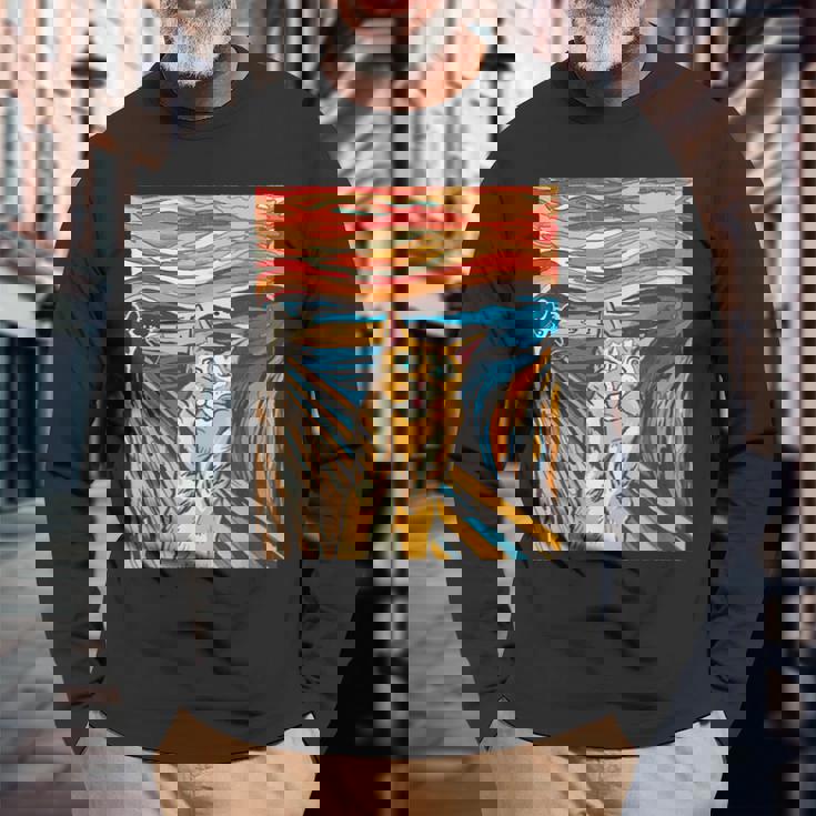 ニャンコの叫び 面白いtシャツ 猫 ムンクの叫び パロディ ネコ メンズ 子供 おもしろ 服 おもしろグッズ ネタ 長袖Tシャツ 高齢者への贈り物