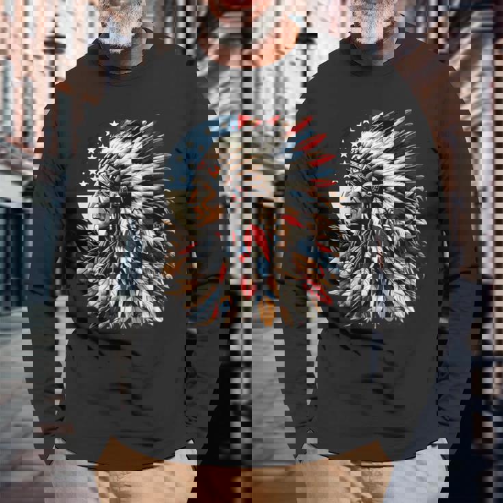 ネイティブアメリカン インディアン チーフ アメリカ国旗 先住民 長袖Tシャツ 高齢者への贈り物