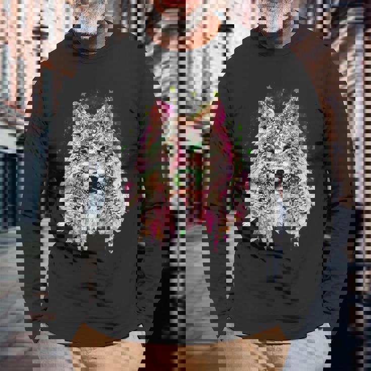 ネイティブアメリカン オオカミの頭 トライバル ボヘミアン タトゥーアート 長袖Tシャツ 高齢者への贈り物