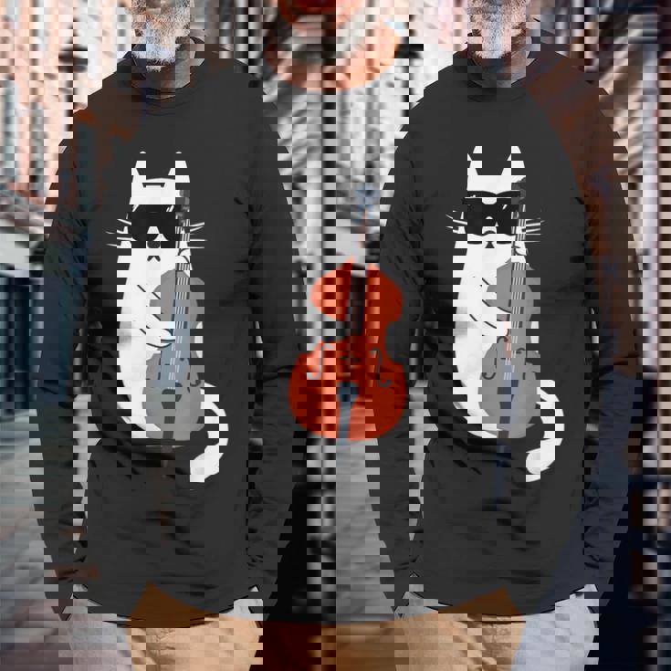 ネコとコントラバス 猫とサングラス ネコ好き 猫飼い コントラバス ウッドベース ダブルベース ジャズ音楽 ネコ 猫 長袖Tシャツ 高齢者への贈り物