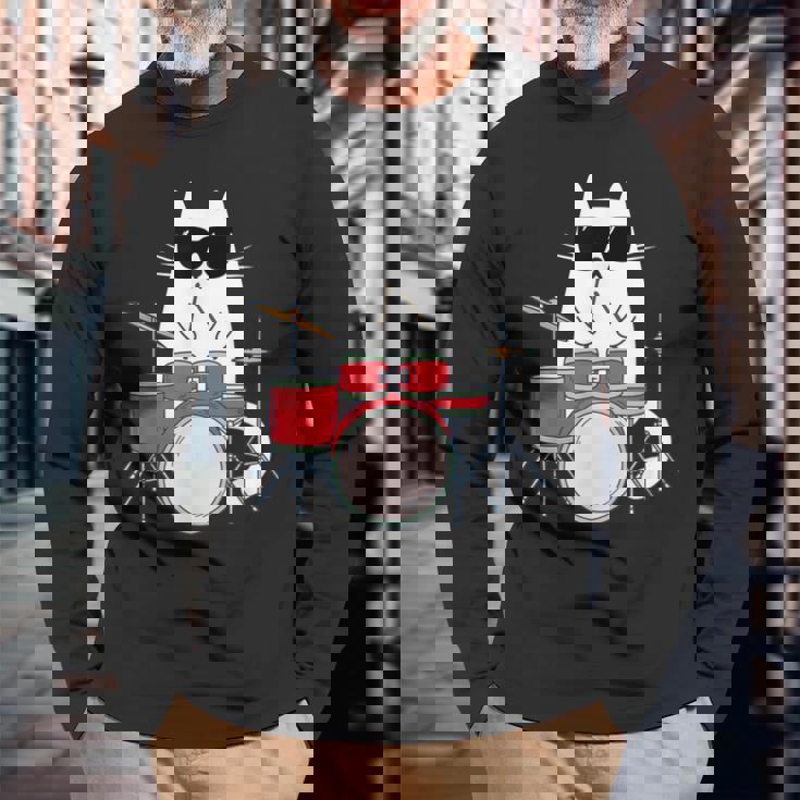 ネコとドラム 猫とサングラス ネコ好き 猫飼い 愛猫家 ドラム ドラムセット バンド ジャズ音楽 ねこ ネコ 猫 長袖Tシャツ 高齢者への贈り物