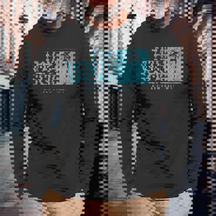 ノースショア ハワイ ヤシの木 ビンテージスタイル 長袖Tシャツ 高齢者への贈り物