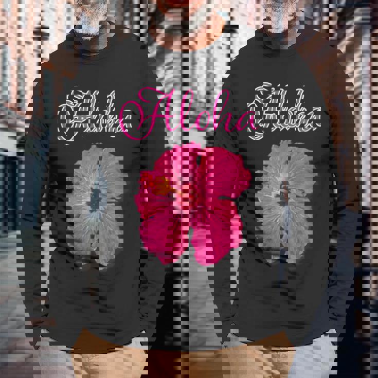 ハイビスカス Aloha アロハ《赤》（ハワイ・南国・フラダンス）夏【ビューティフル フラワー】キュート デザイン 長袖Tシャツ 高齢者への贈り物