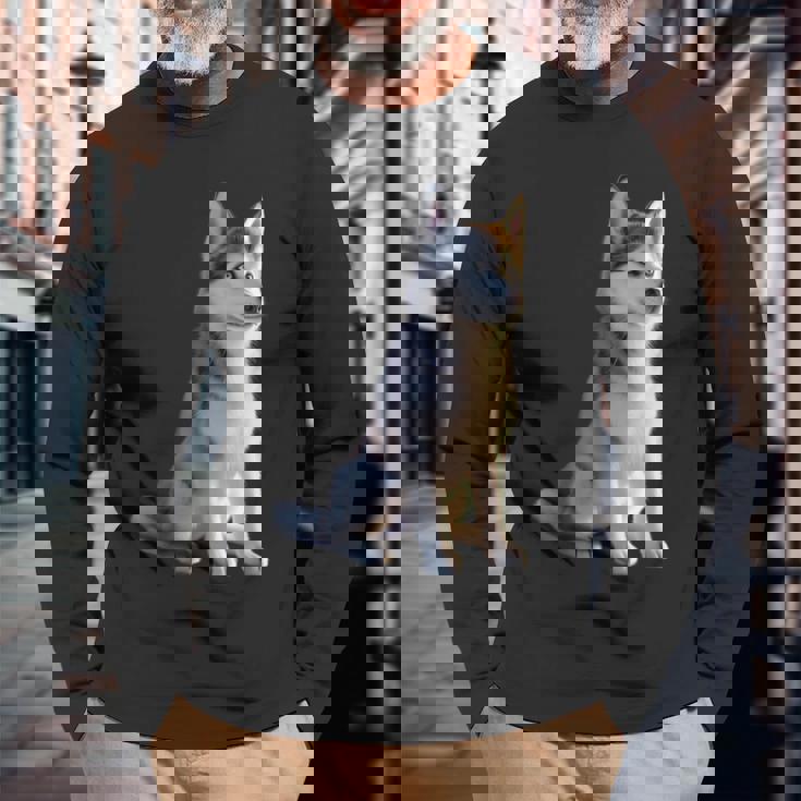 ハスキーがモチーフの愛犬家 シベリアンハスキーが大好き 長袖Tシャツ 高齢者への贈り物