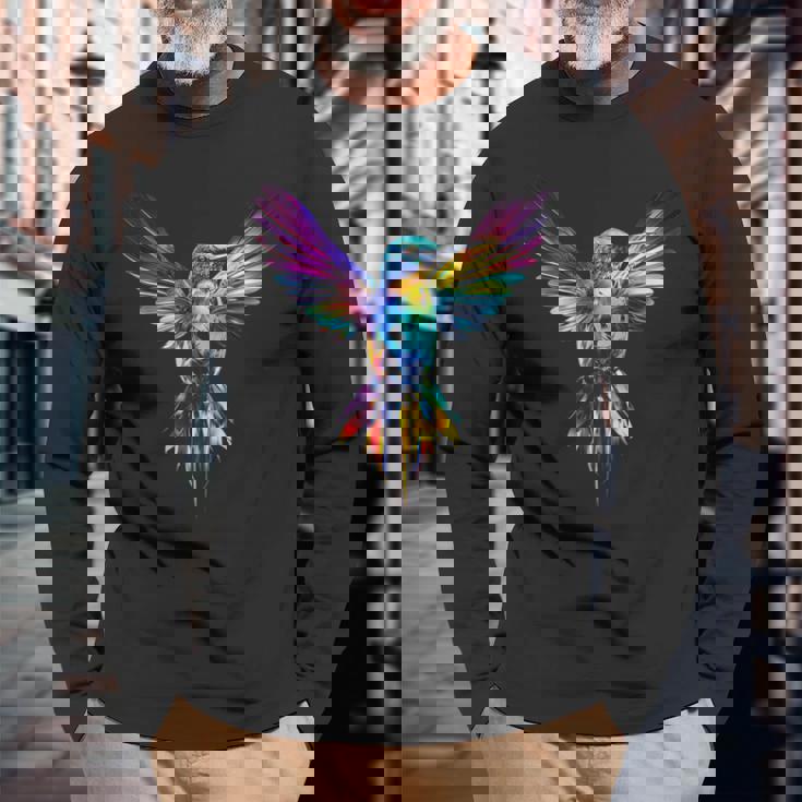 ハチドリ カラフル アート 動物 グラフィック 鳥 ハチドリ 長袖Tシャツ 高齢者への贈り物