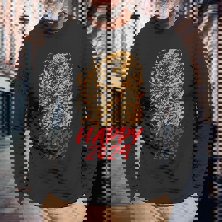 ハッピー2024ドラゴンイヤーチャイニーズ2024ハッピーニューイヤー 長袖Tシャツ 高齢者への贈り物