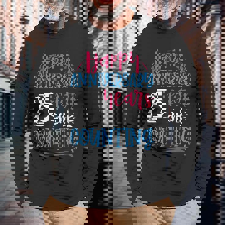 ハッピーアニバーサリー 25年 結婚25周年 長袖Tシャツ 高齢者への贈り物