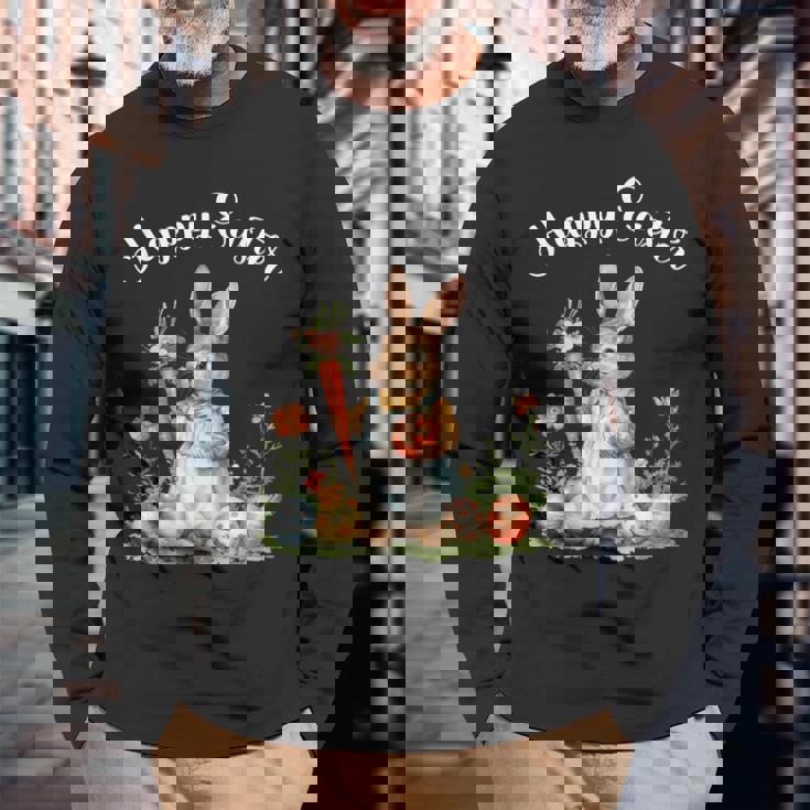 ハッピーイースターバニーニンジンイースターエッグ イースターラビットアートワーク 長袖Tシャツ 高齢者への贈り物