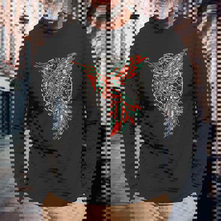 ハミングバード・トライバル・アート ネイティブアメリカン・インディアン・インディジナス 長袖Tシャツ 高齢者への贈り物