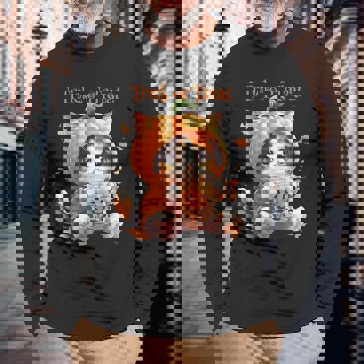 ハロウィン わがまま猫 ねこ ラーメン好き かわいい おもしろ マンガ 長袖Tシャツ 高齢者への贈り物