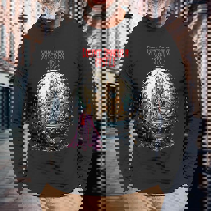 ハロウィン ナイト カウント ドラキュラ城 長袖Tシャツ 高齢者への贈り物