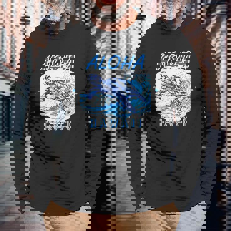 ハワイ ハワイアン ワイキキビーチ サーフボート ヤシの木 アロハ 夏 風景 海好き ウミガメ 波乗り 長袖Tシャツ 高齢者への贈り物