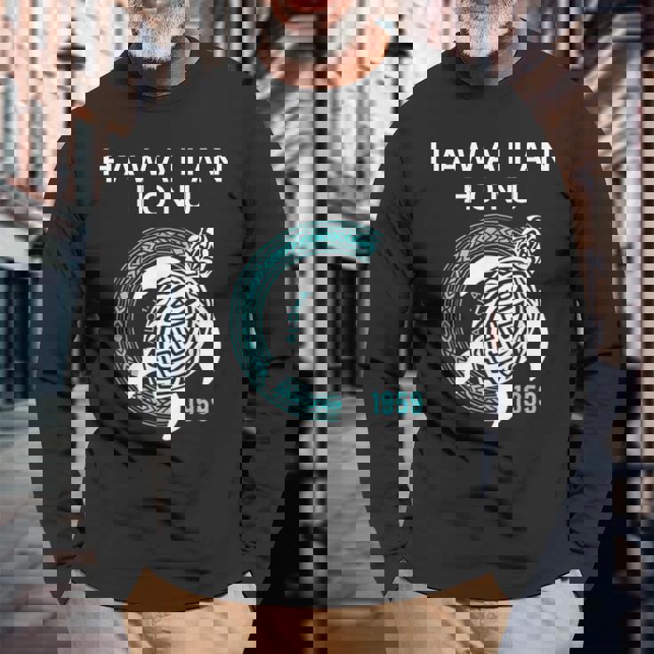 ハワイアン ホヌ ポリネシア トライバル ウミガメ ハワイ エスト 1959 長袖Tシャツ 高齢者への贈り物