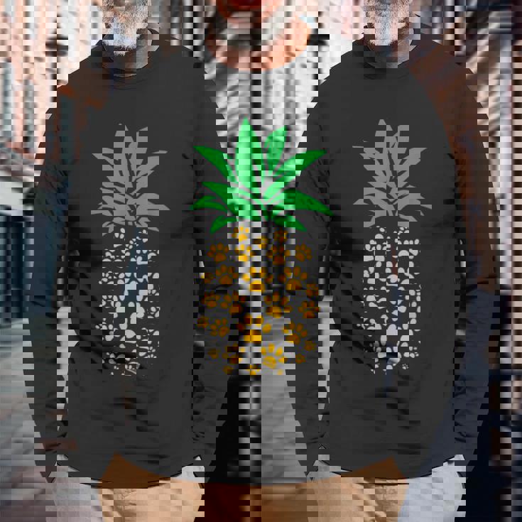 ハワイアンアイランド パイナップル 猫の肉球プリント 猫好きのギフト 長袖Tシャツ 高齢者への贈り物