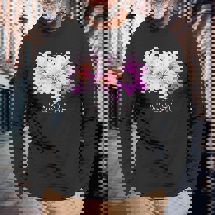 ハワイアンアロハプルメリアアート 長袖Tシャツ 高齢者への贈り物