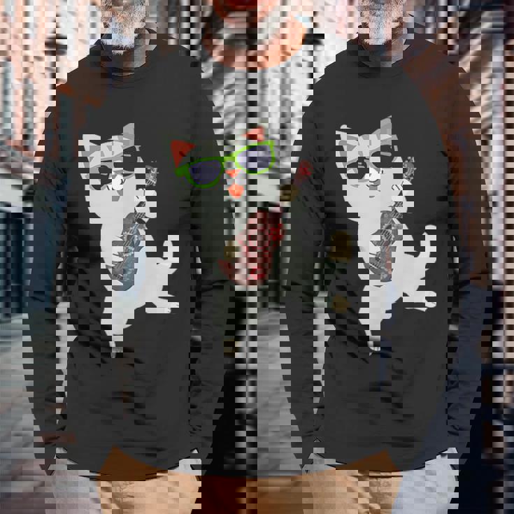 ハワイアンウケ猫遊びウクレレバッジポケット 長袖Tシャツ 高齢者への贈り物