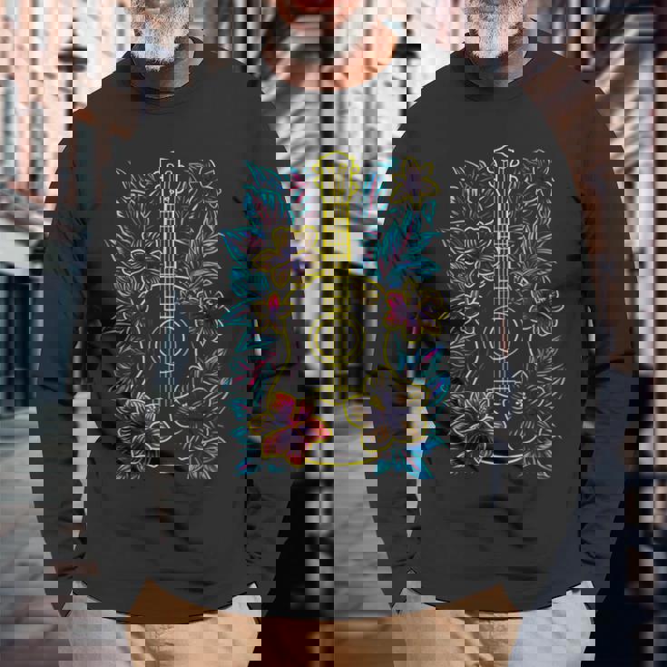 ハワイ・ミュージック レトロ・ルック・ウクレレ 長袖Tシャツ 高齢者への贈り物